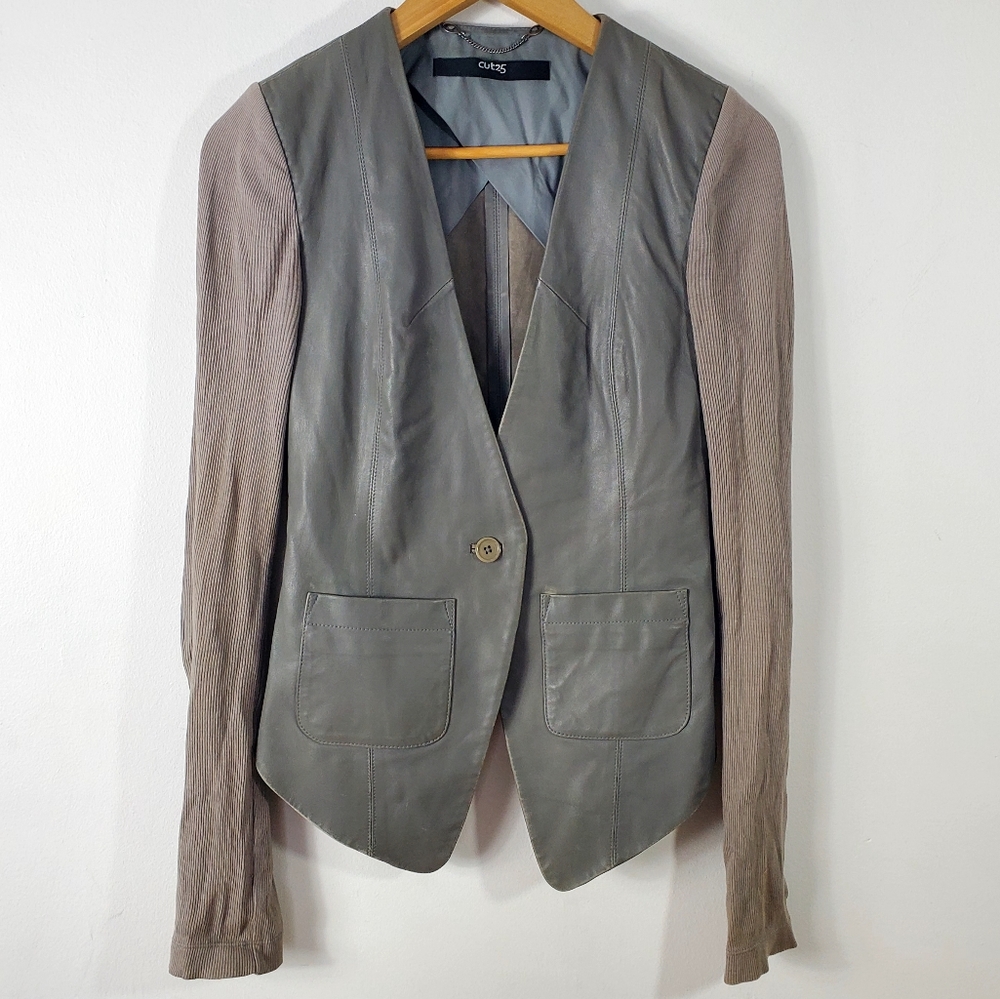CUT25 by Yigal Azrouël Leather Blazer with Ribbed Knit Sleeves – Size 0